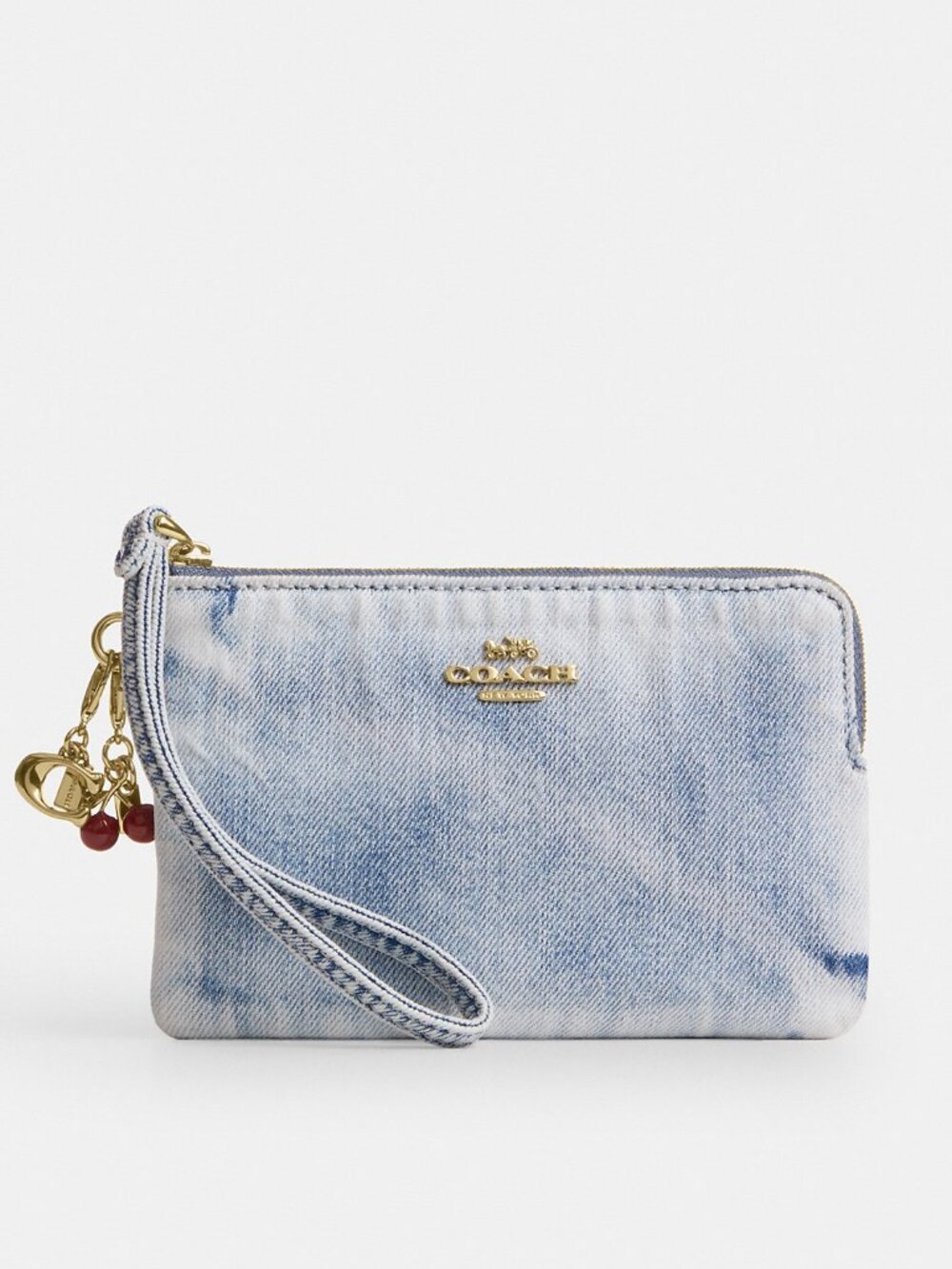 Coach Corner Zip Wristlet In Loved Denim With Charms